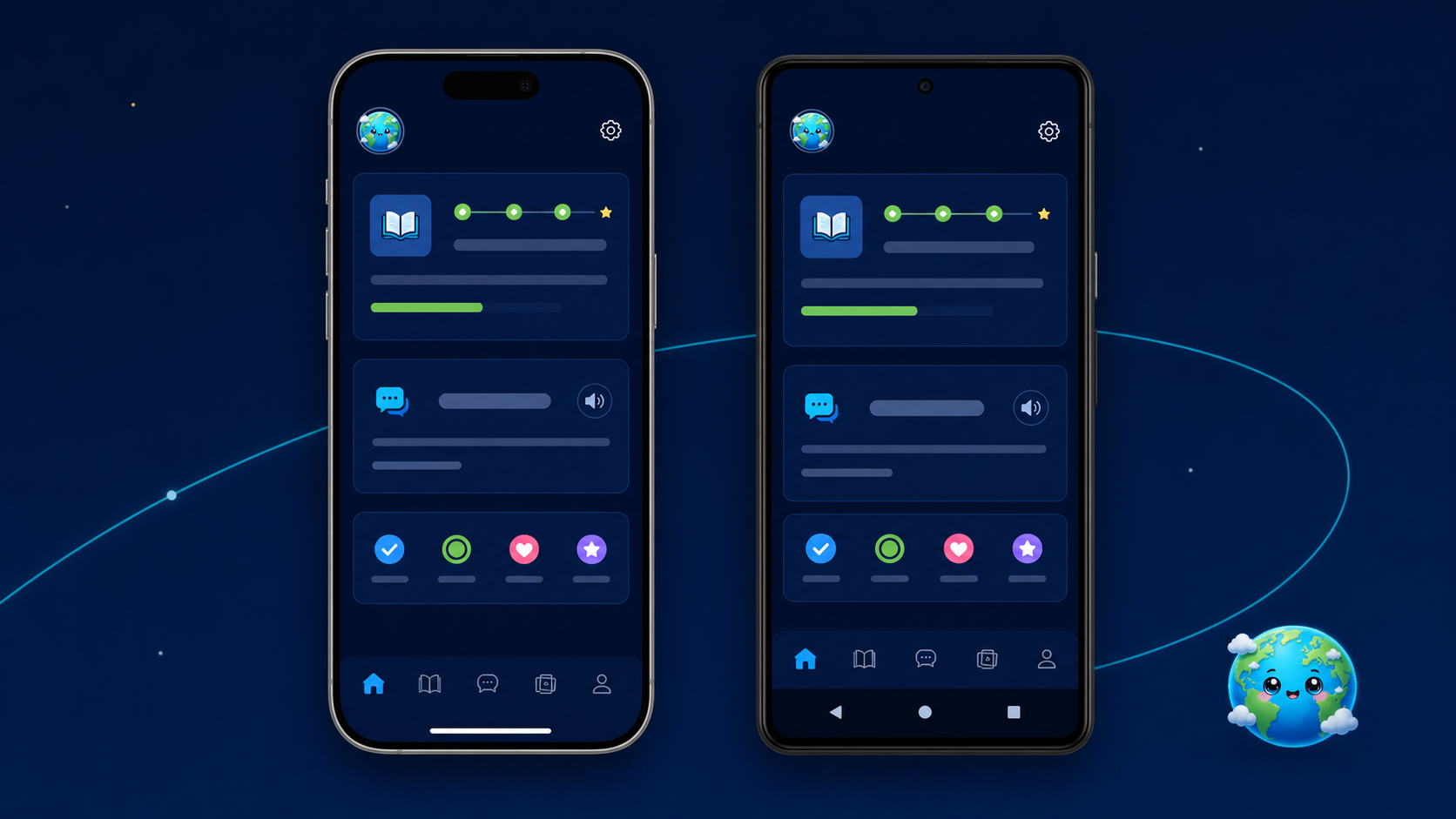 Dos teléfonos muestran la futura aplicación móvil de Orbilingua para iOS y Android